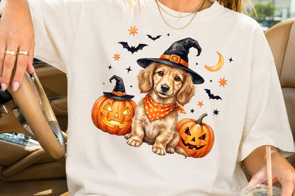 Halloween Dog Witch Hat PNG Cute Puppy Pumpkin Sublimation Clipart