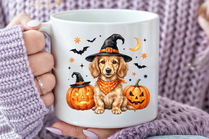 Halloween Dog Witch Hat PNG Cute Puppy Pumpkin Sublimation Clipart