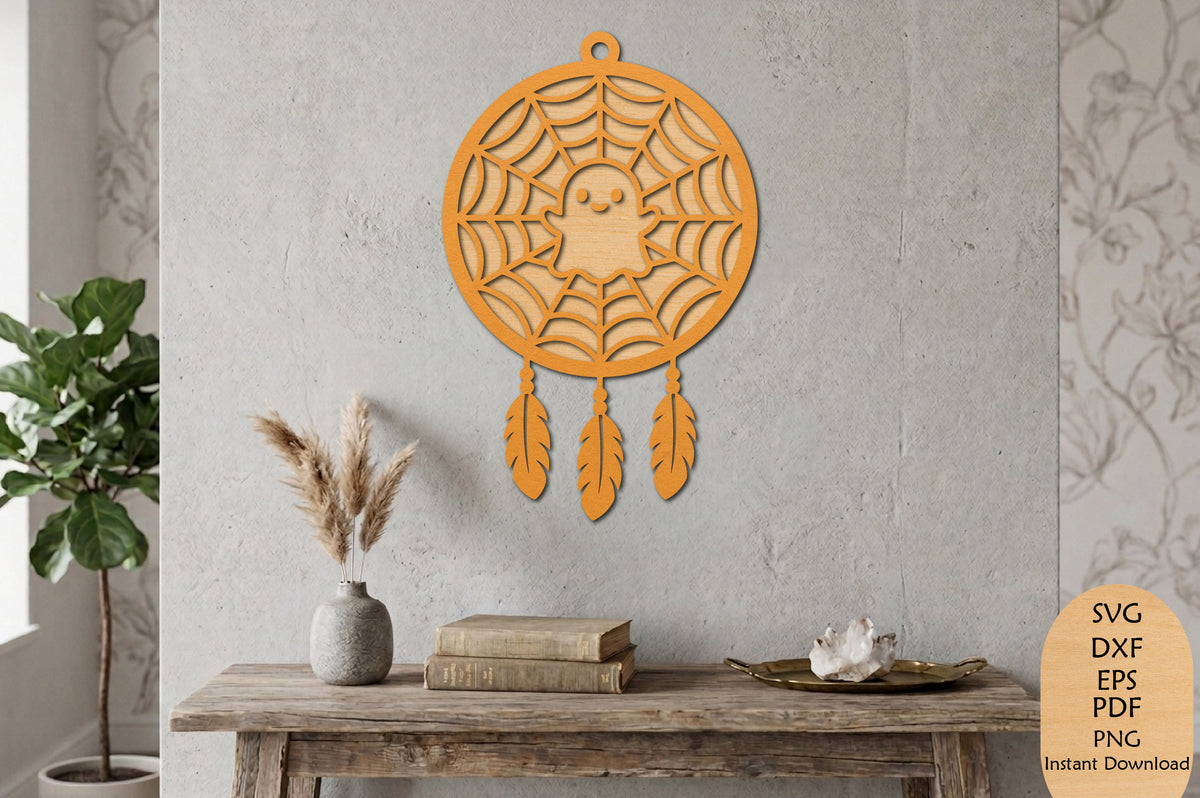 Halloween Dream Catcher Ghost Laser Cut SVG, Spider Web Halloween Wall Decor