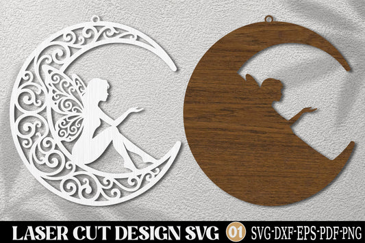 Halloween Fairy Moon SVG Laser Cut | Mystical Witch Fairy Moon Design