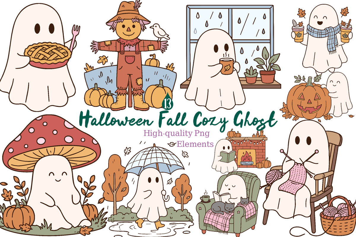 Halloween Fall Cozy Ghost PNG Bundle 13 Designs