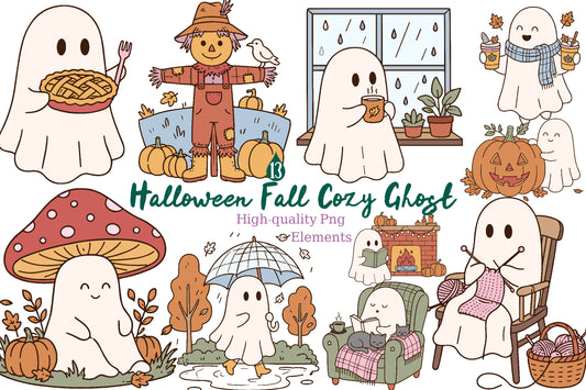 Halloween Fall Cozy Ghost PNG Bundle 13 Designs