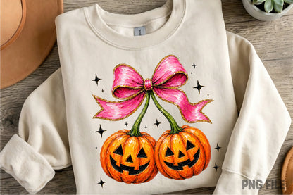 Halloween Pumpkin Bow PNG | Cute Jack O Lantern Pink Bow Fall Pumpkin Coquette Clipart | Spooky Sublimation Design