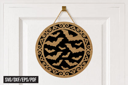 Halloween Flying Bats Round Door Hanger SVG