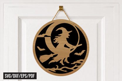 Halloween Flying Witch Round Door Hanger SVG