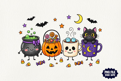 Cute Halloween Characters PNG Cauldron Pumpkin Skull Cat Spooky Clipart