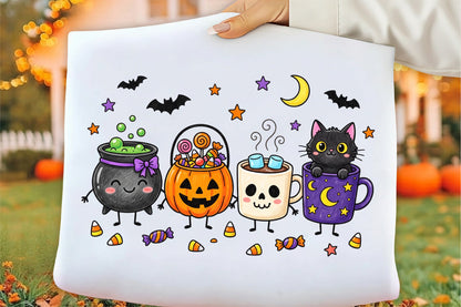Cute Halloween Characters PNG Cauldron Pumpkin Skull Cat Spooky Clipart