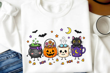 Cute Halloween Characters PNG Cauldron Pumpkin Skull Cat Spooky Clipart