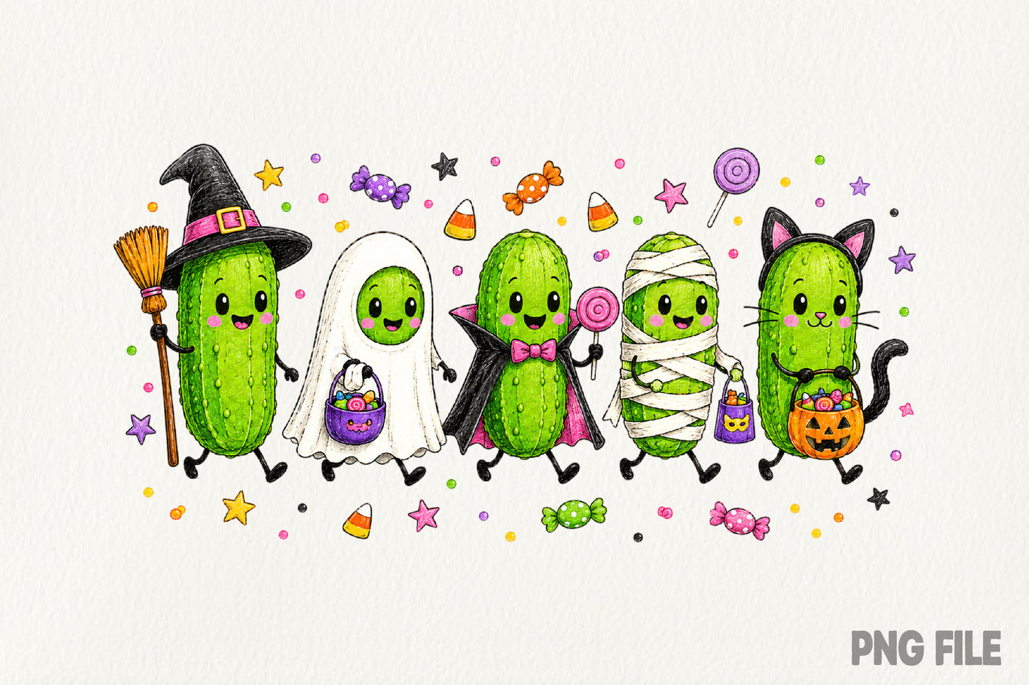 Funny Halloween Pickle PNG | Cute Spooky Pickle Characters Halloween Candy Clipart | Pickle Sublimation Design