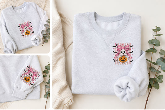 Pink Bow Ghost Pumpkin Embroidery Design
