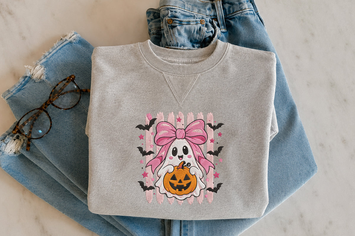 Pink Bow Ghost Pumpkin Embroidery Design