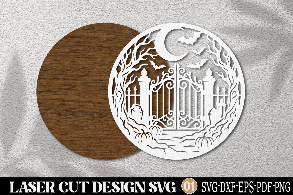 Halloween Gate Pumpkin Laser Cut SVG | Spooky Cemetery Gate & Moon Design