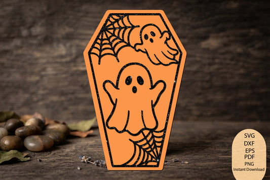 Halloween Ghost Coffin Laser Cut SVG, Spooky Ghost Halloween Coffin Cut File