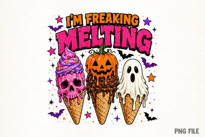 I'm Freaking Melting Halloween PNG | Funny Ice Cream Skull Pumpkin Ghost Halloween Sublimation Design