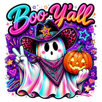 Boo Y’all Halloween Ghost Cowgirl PNG | Spooky Western Cowboy Ghost Pumpkin | Cute Cowgirl Fall Sublimation Design