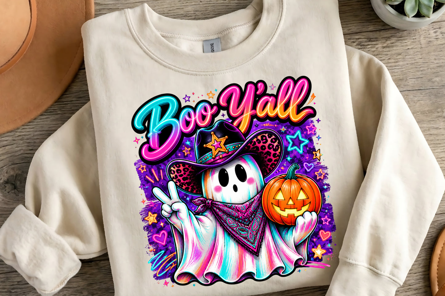 Boo Y’all Halloween Ghost Cowgirl PNG | Spooky Western Cowboy Ghost Pumpkin | Cute Cowgirl Fall Sublimation Design