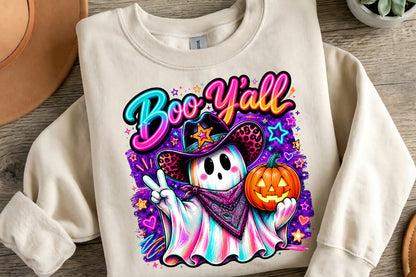 Boo Y’all Halloween Ghost Cowgirl PNG | Spooky Western Cowboy Ghost Pumpkin | Cute Cowgirl Fall Sublimation Design