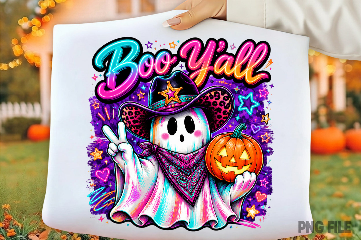 Boo Y’all Halloween Ghost Cowgirl PNG | Spooky Western Cowboy Ghost Pumpkin | Cute Cowgirl Fall Sublimation Design