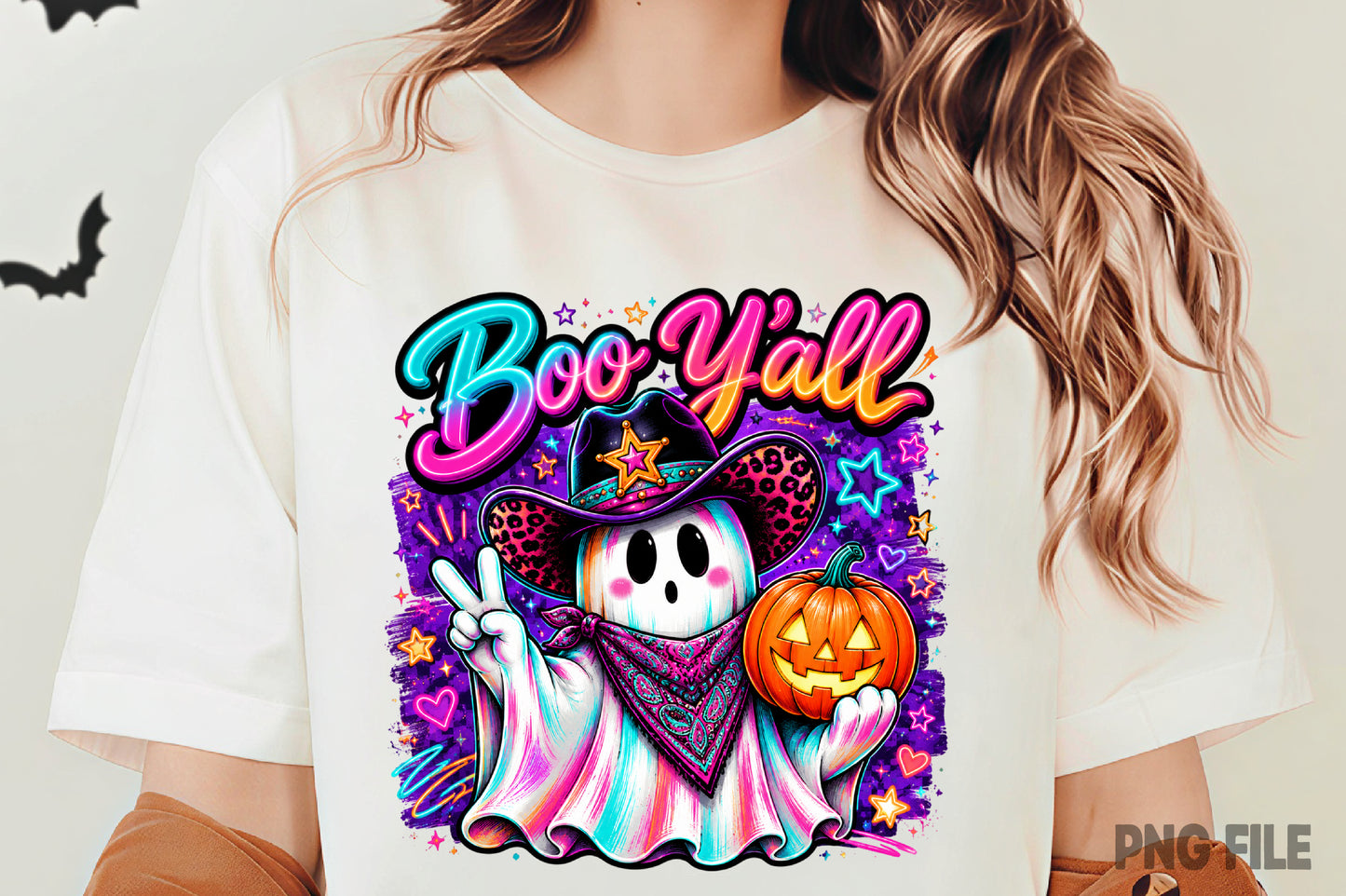 Boo Y’all Halloween Ghost Cowgirl PNG | Spooky Western Cowboy Ghost Pumpkin | Cute Cowgirl Fall Sublimation Design
