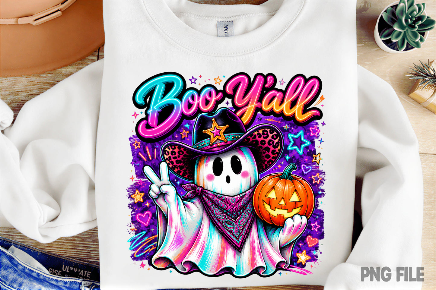 Boo Y’all Halloween Ghost Cowgirl PNG | Spooky Western Cowboy Ghost Pumpkin | Cute Cowgirl Fall Sublimation Design