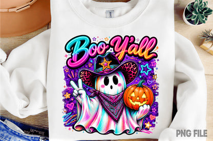 Boo Y’all Halloween Ghost Cowgirl PNG | Spooky Western Cowboy Ghost Pumpkin | Cute Cowgirl Fall Sublimation Design