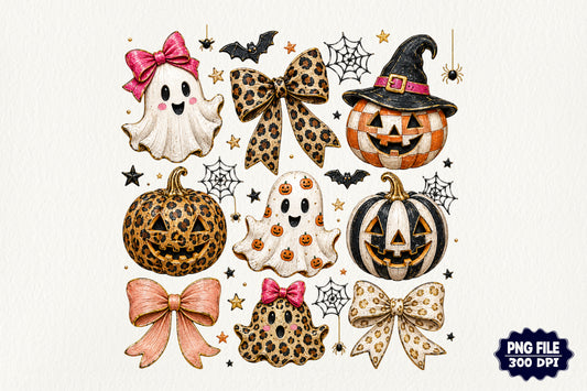 Leopard Halloween Ghost Pumpkin Bows PNG Cute Spooky Fall Sublimation
