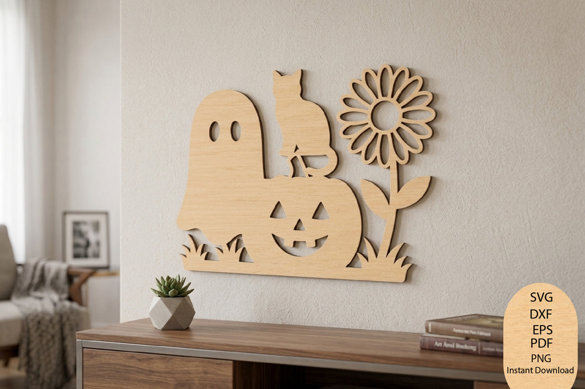 Halloween Ghost Pumpkin Cat Laser Cut SVG, Spooky Cat Pumpkin Wall Decor