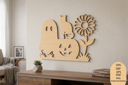 Halloween Ghost Pumpkin Cat Laser Cut SVG, Spooky Cat Pumpkin Wall Decor