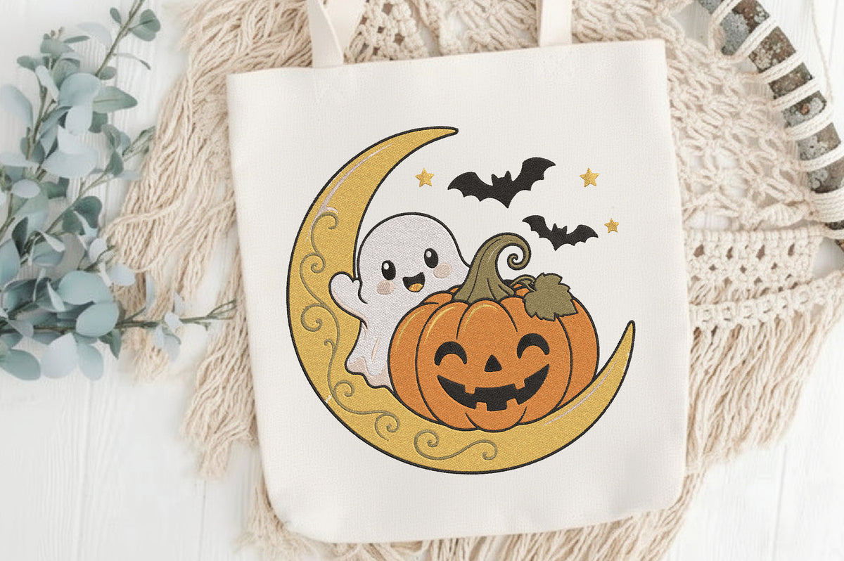 Halloween Ghost Pumpkin Moon Embroidery Design – Cute Spooky Ghost & Pumpkin Machine Embroidery Pattern, Halloween Moon Embroidery Design