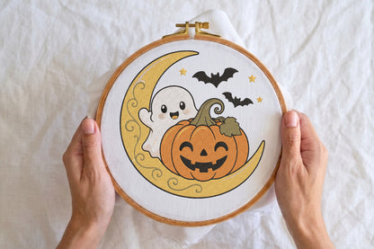 Halloween Ghost Pumpkin Moon Embroidery Design – Cute Spooky Ghost & Pumpkin Machine Embroidery Pattern, Halloween Moon Embroidery Design