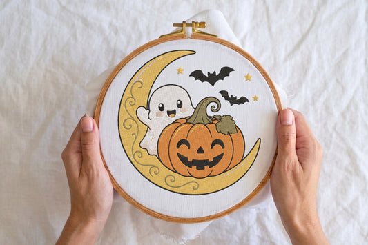 Halloween Ghost Pumpkin Moon Embroidery Design – Cute Spooky Ghost & Pumpkin Machine Embroidery Pattern, Halloween Moon Embroidery Design