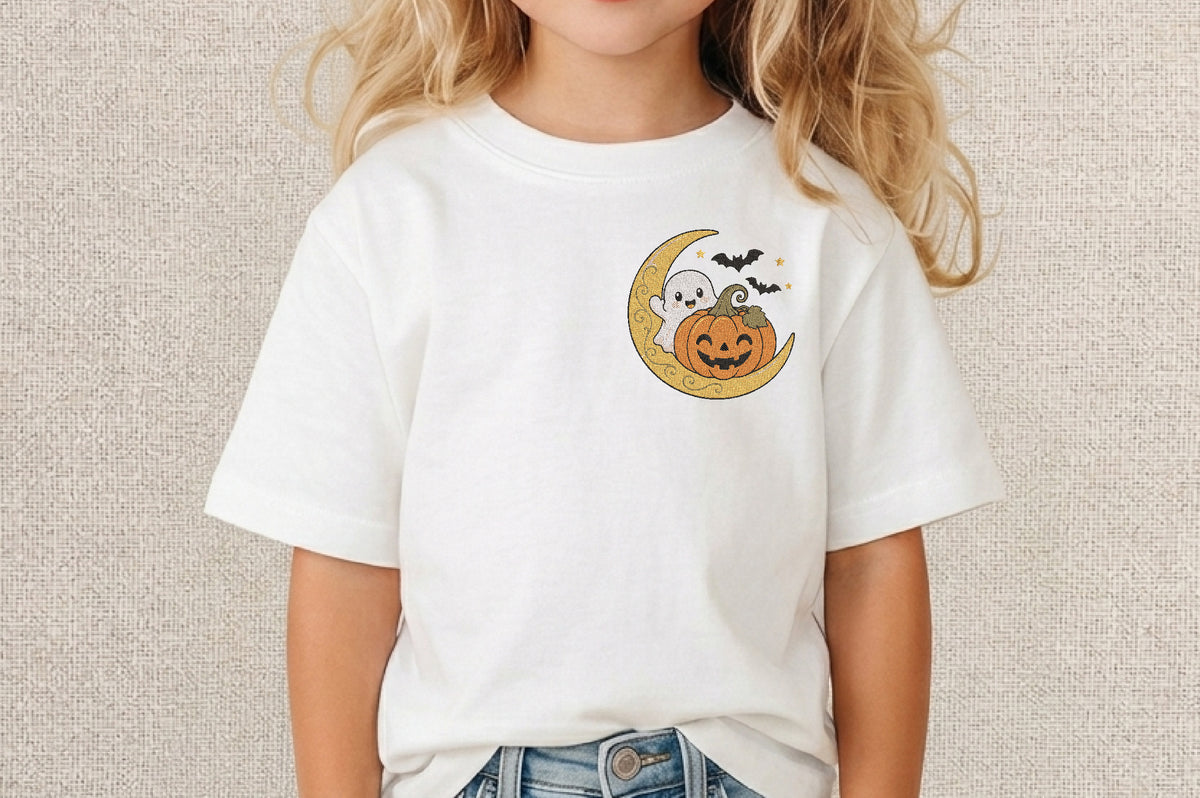 Halloween Ghost Pumpkin Moon Embroidery Design – Cute Spooky Ghost & Pumpkin Machine Embroidery Pattern, Halloween Moon Embroidery Design