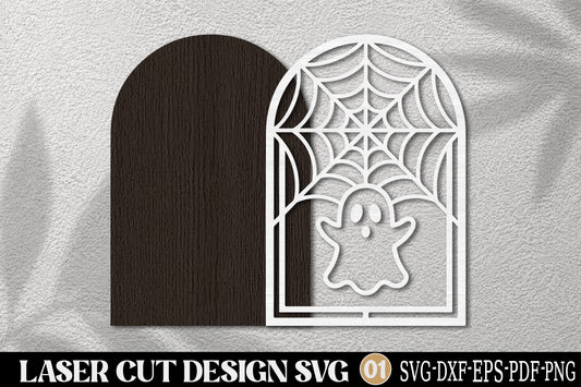 Halloween Ghost Spider Web Laser Cut SVG | Spooky Ghost Gothic Arch Design