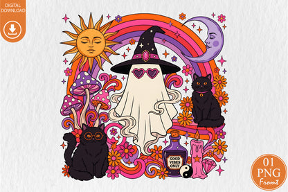 Retro Witchy Halloween Ghost Black Cat Sun Moon Sublimation PNG Design