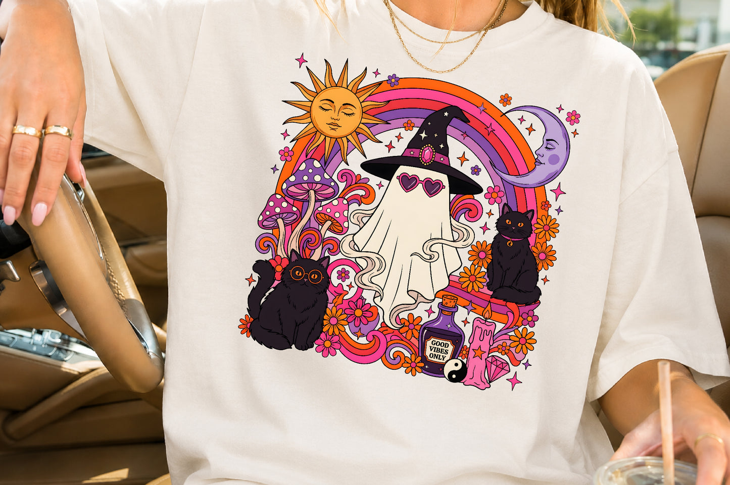 Retro Witchy Halloween Ghost Black Cat Sun Moon Sublimation PNG Design