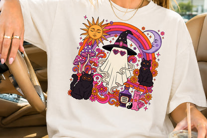 Retro Witchy Halloween Ghost Black Cat Sun Moon Sublimation PNG Design
