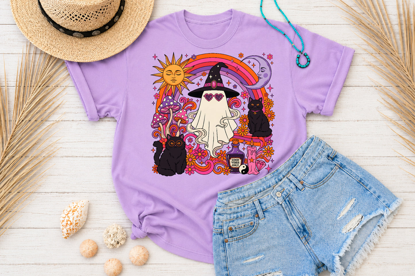 Retro Witchy Halloween Ghost Black Cat Sun Moon Sublimation PNG Design