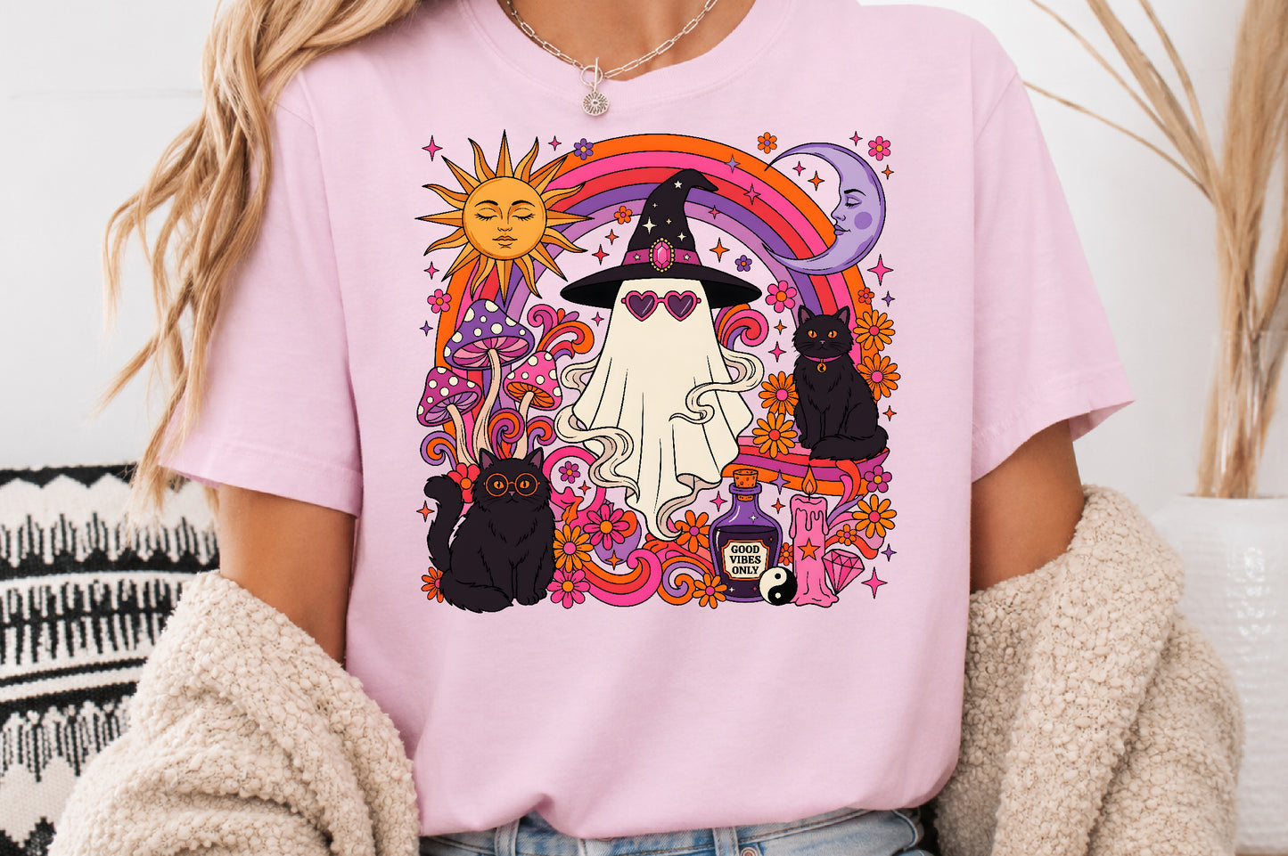 Retro Witchy Halloween Ghost Black Cat Sun Moon Sublimation PNG Design
