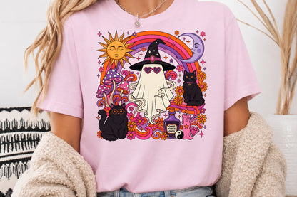 Retro Witchy Halloween Ghost Black Cat Sun Moon Sublimation PNG Design