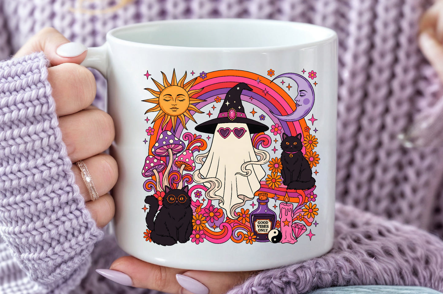 Retro Witchy Halloween Ghost Black Cat Sun Moon Sublimation PNG Design