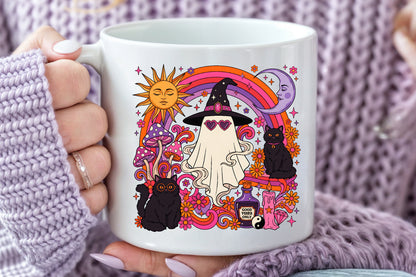 Retro Witchy Halloween Ghost Black Cat Sun Moon Sublimation PNG Design