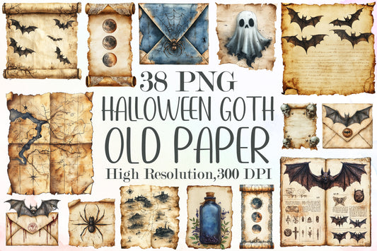 Halloween Goth Old Paper Clipart Vintage Spooky PNG Bundle