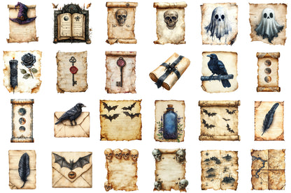 Halloween Goth Old Paper Clipart Vintage Spooky PNG Bundle