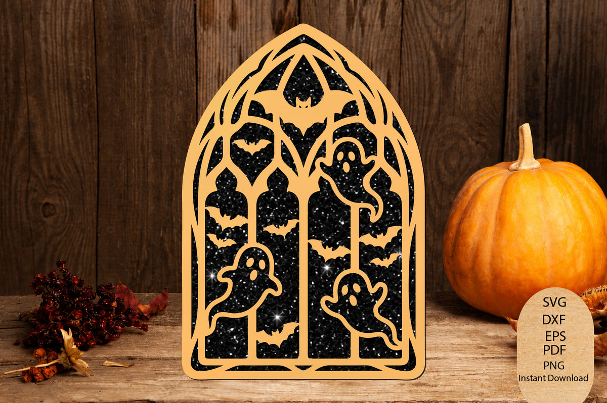 Halloween Gothic Window Laser Cut SVG, Haunted Ghost Bat Window Decor