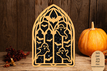 Halloween Gothic Window Laser Cut SVG, Haunted Ghost Bat Window Decor