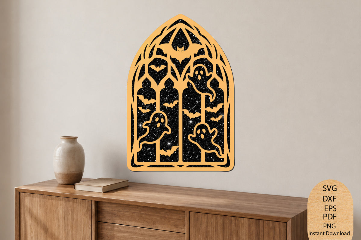 Halloween Gothic Window Laser Cut SVG, Haunted Ghost Bat Window Decor
