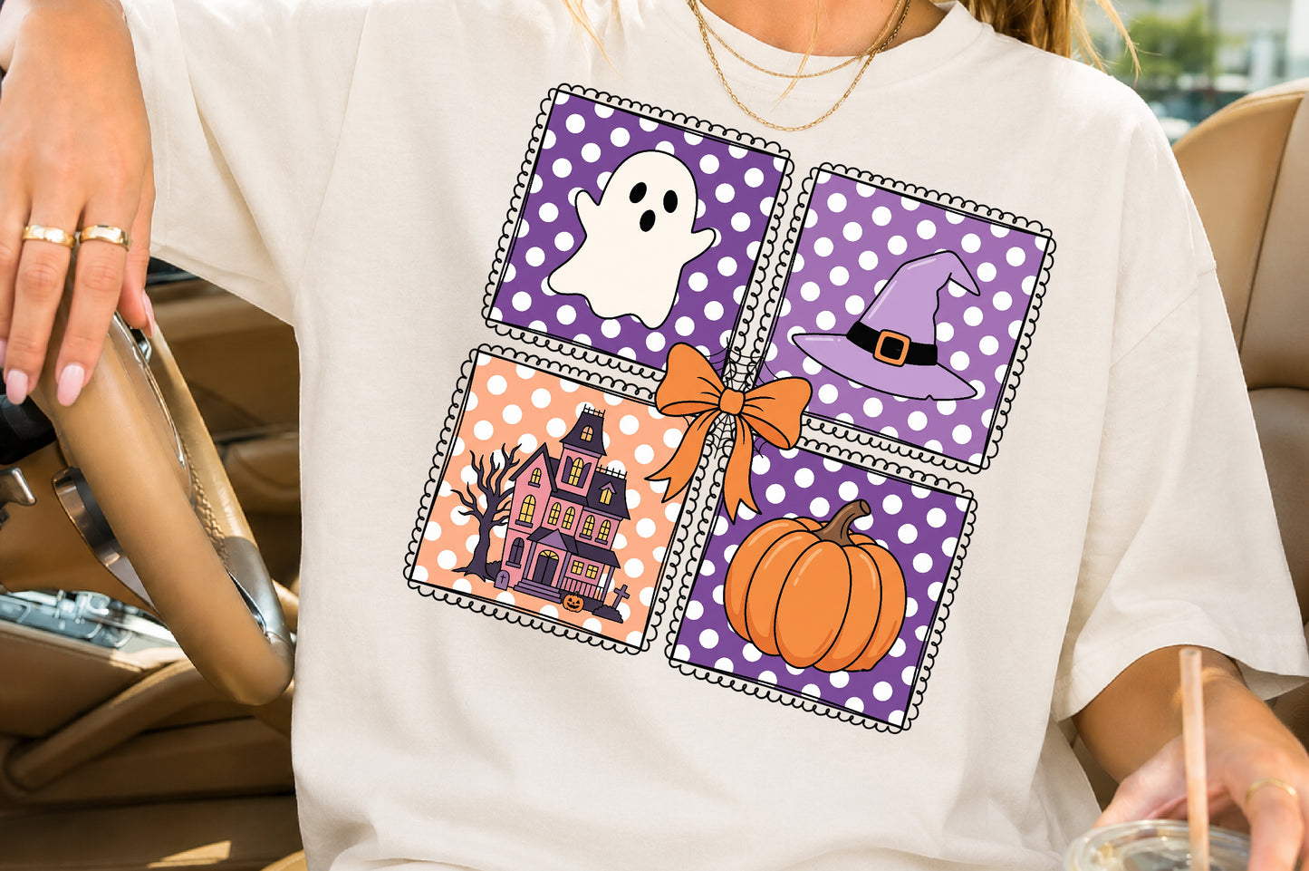 Halloween Grid Sublimation Coquette Bow PNG Cute Ghost Witch Pumpkin Bundle