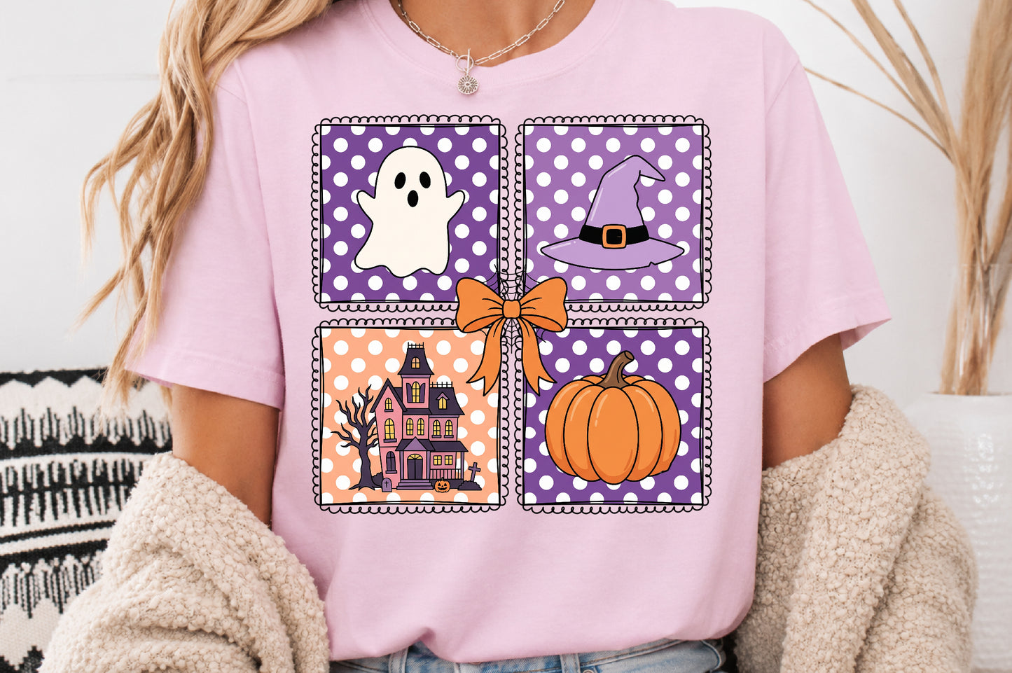 Halloween Grid Sublimation Coquette Bow PNG Cute Ghost Witch Pumpkin Bundle