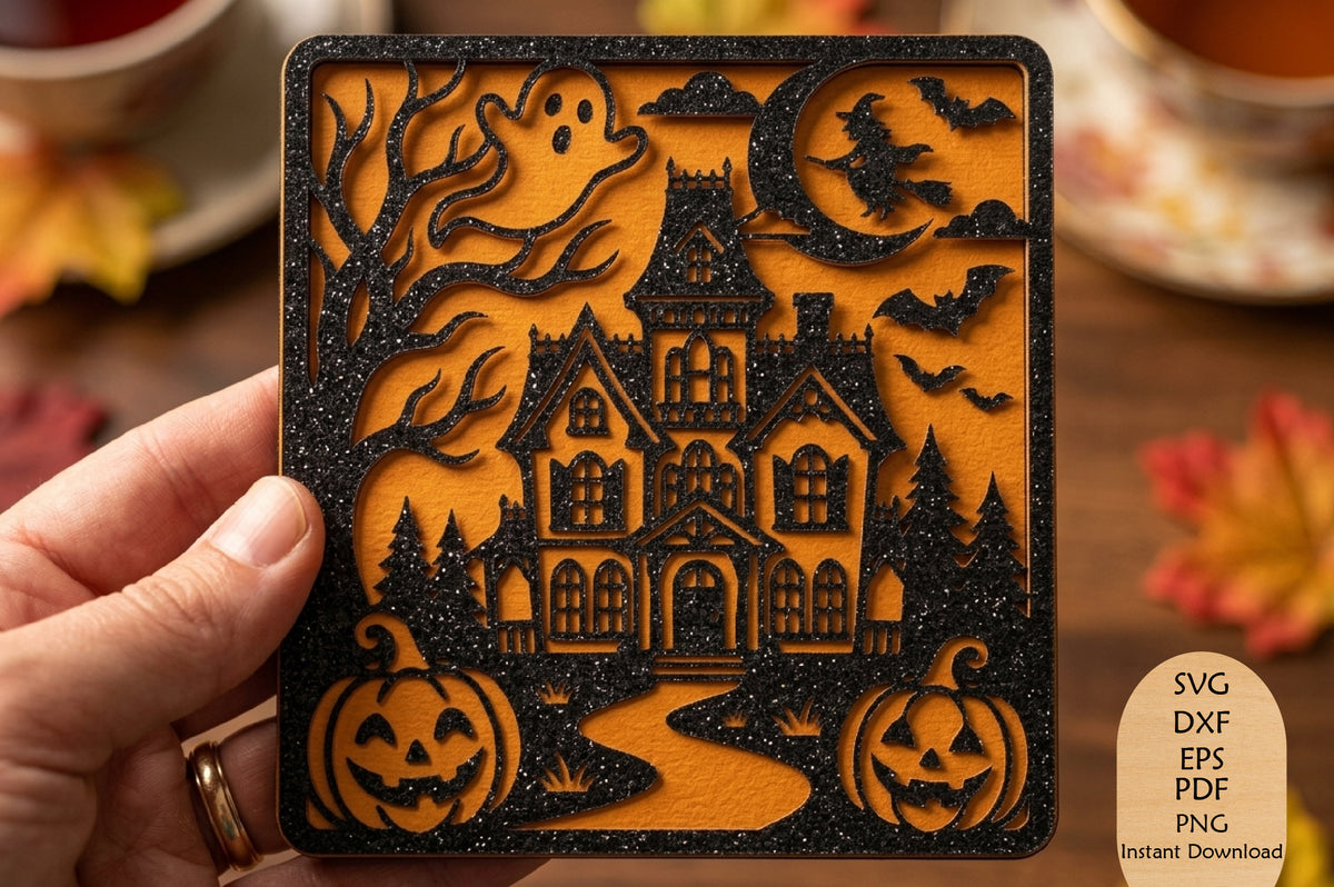 Halloween Haunted House Layered Laser Cut SVG, Spooky Halloween Scene SVG