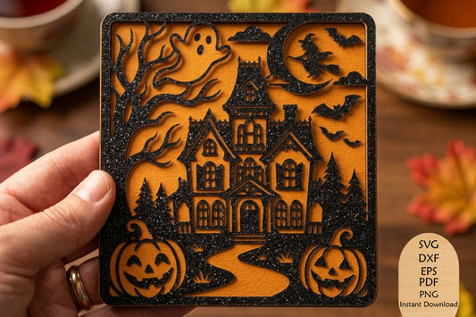 Halloween Haunted House Layered Laser Cut SVG, Spooky Halloween Scene SVG
